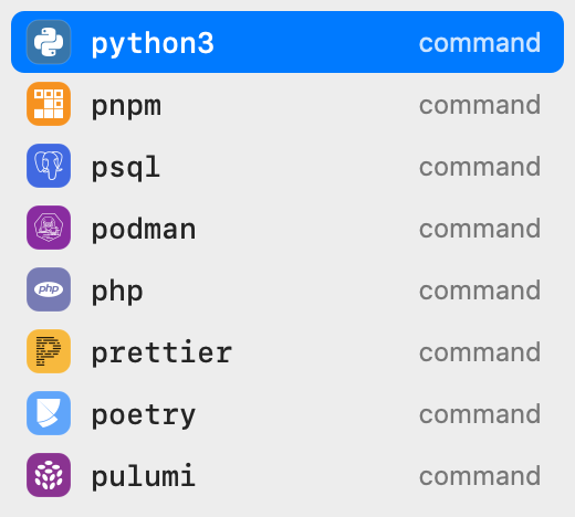 Popup listing commands that start with p, with python3 first