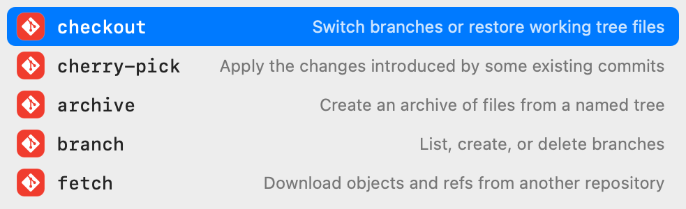 Popup listing the git subcommands that match the letters ch