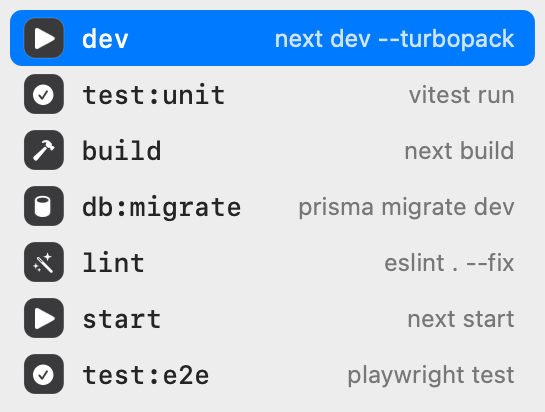 Popup listing package.json scripts with the command each one runs